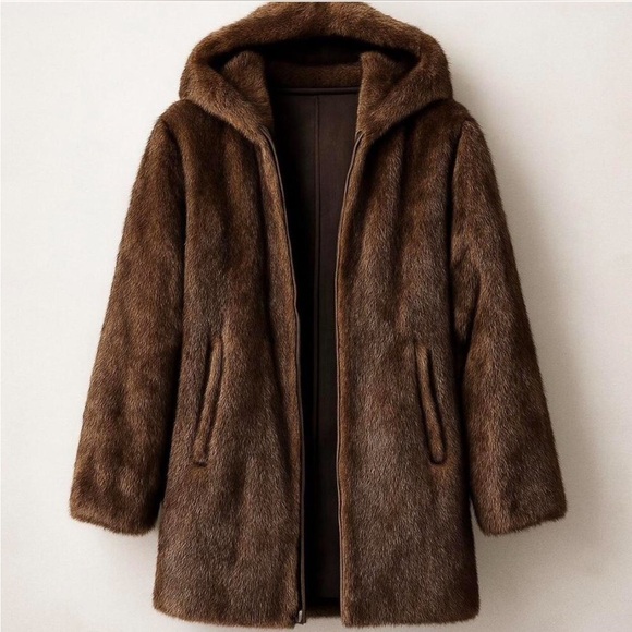 Vintage Brown Hooded Faux Fur Coat
